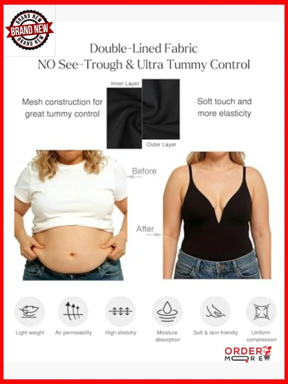 Tummy Control Shapewear Bodysuit Medium Nylon Spandex V Neck Backless
